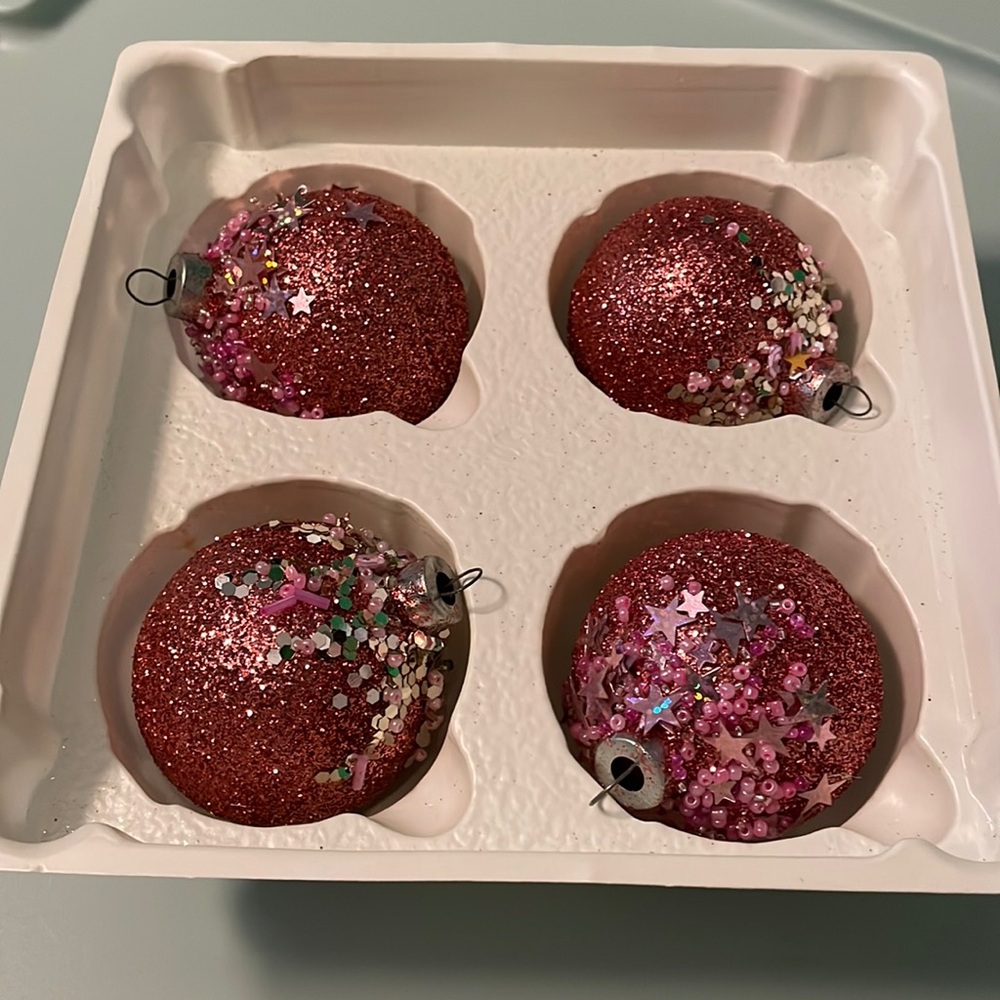 OOAK Set of four Pink and Gold Hand Decorated Medium glass ornaments